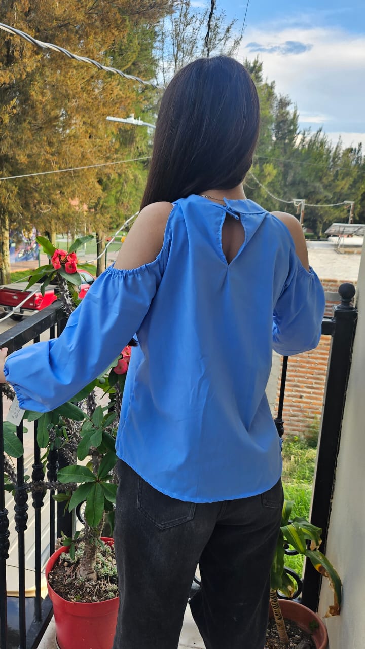 Vista posterior de blusa azul de hombros descubiertos