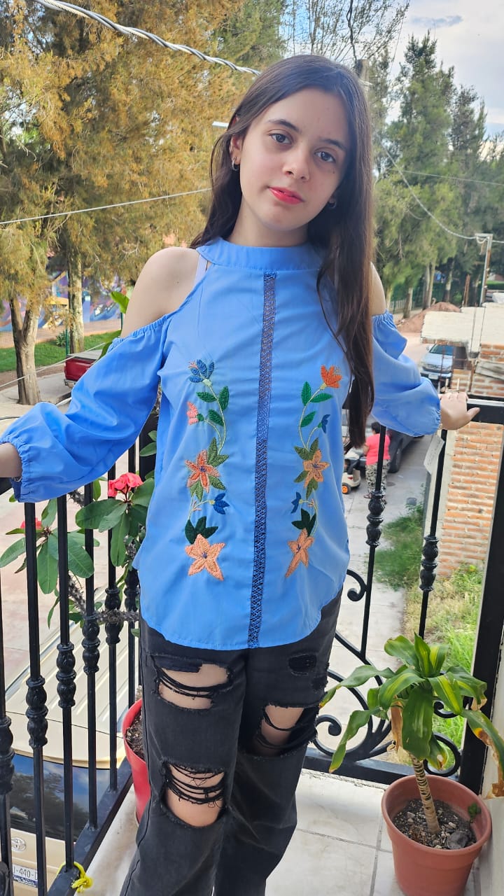 Blusa azul de hombros descubiertos con flores bordadas a mano