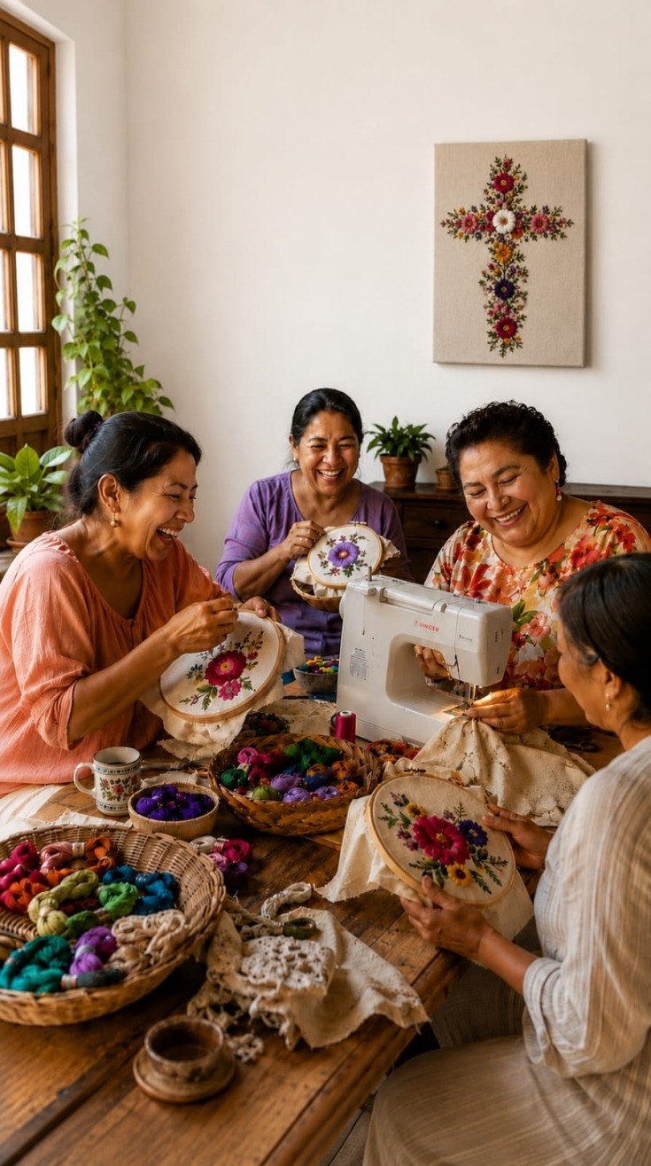 Mujeres bordadoras compartiendo alrededor de una mesa