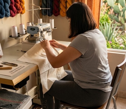 Artesana trabajando una prenda en su taller
